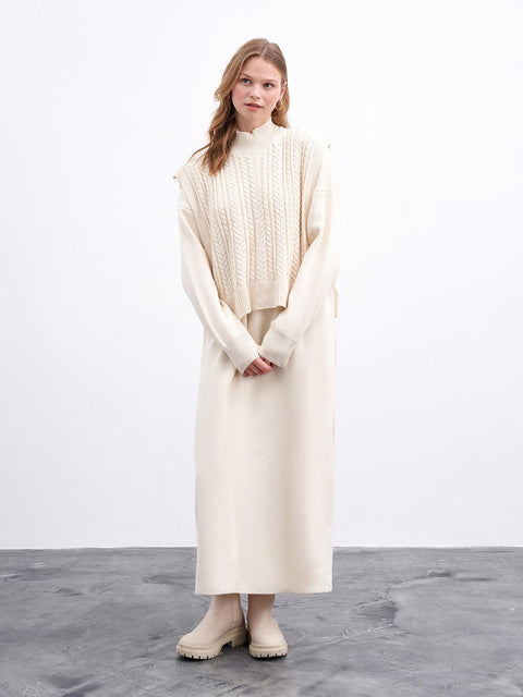 Winter Partly Knitted Dress Beige New